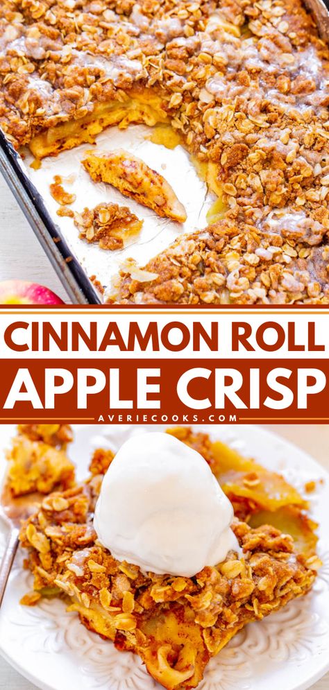 Cinnamon Roll Apple Bake (Quick & Easy!) - Averie Cooks Cinnamon Roll Apple Bake, Crunchy Oatmeal, Apple Bake, Apple Crisp Dessert, Oatmeal Crumble, Christmas Brunch Recipes, Baked Apple Recipes, Cinnamon Roll Bake, Baking Buns