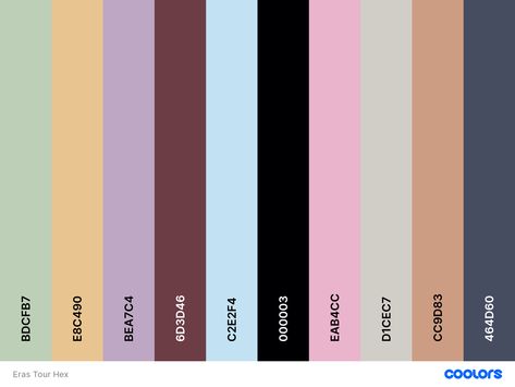 Taylor Swift Hex Codes, Eras Tour Palette, Goodnotes Cover Taylor Swift, 1989 Taylors Version Color Palette, Taylor Swift Eras Tour Colors, Taylor Swift Eras Colours, Eras Colors Taylor Swift, Eras Tour Color Palette, Taylor Swift Album Colors