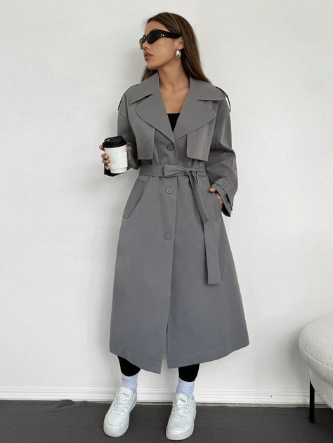 Women's Gray Collared Casual Woven Long Sleeve Trench Coat Dark Grey Elegant  Long Sleeve Woven Fabric Plain Regular Non-Stretch  Women Clothing, size features are:Bust: ,Length: ,Sleeve Length: Trench Coat Looks, Trench Coat Outfit Winter, Winter Coat Outfits, Trench Coat Outfit, Grey Trench Coat, Belted Trench Coat, Coat Outfits, Casual Blazer, Long Sleeves Jacket