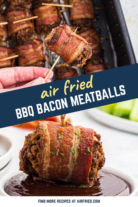 These air fryer meatballs are wrapped in bacon and dunked in barbecue for the perfect appetizer or snack. Bacon Wrapped Meatballs, Bacon Dates, Dates Stuffed, Bacon Wrapped Smokies, Air Fryer Bacon, Wrapped Dates, Honey Drizzle, Cheese All, Bacon Wrapped Dates