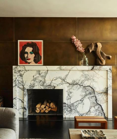 Jane Hallworth, 1950s House, Marble Fireplace, Hollywood Homes, Bronze Wall, Marble Fireplaces, Fireplace Wall, Fireplace Mantle, Fireplace Design