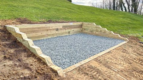 Steep Hillside Landscaping, Shed Foundation, Diy Retaining Wall, Outdoor Improvements, Backyard Barn, Wall Fires, Fire Pit Landscaping, Sloped Backyard, Landscaping Retaining Walls