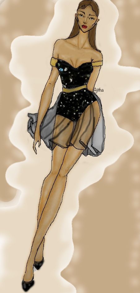 Net Illustration Fashion, Net Dress Illustration, Mini Skirt Sketch, Black Glitter Top, Cocktail Dress Patterns, Golden Belt, Sparkly Fashion, Digital Fashion Illustration, Sparkly Shorts