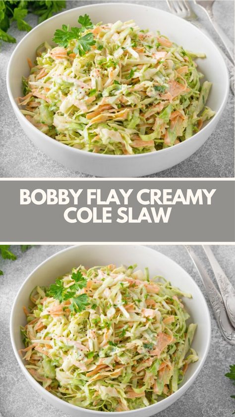 Bobby Flay’s Creamy Cole Slaw is made with green cabbage, carrots, mayonnaise, sour cream, Spanish onion, sugar, white vinegar, dry mustard, celery salt, salt, and pepper resulting in a tangy side dish that takes just 10 minutes to be ready! Bobby Flay Coleslaw Recipe, Creamy Cole Slaw, Healthy Coleslaw Recipes, Bobby Flay Recipes, Healthy Coleslaw, Celery Salt, Cabbage Salad Recipes, Creamy Coleslaw, Cole Slaw