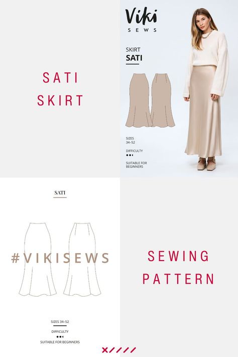 Vikisews Sati Skirt sewing pattern US sizes 2 - 14 by Sewing Partner | The ultimate marketplace for digital sewing patterns in PDF format | Your Trusted Sewing Partner. Sati is a bias-cut close-fitting skirt with a slight trapeze silhouette and an elastic waistband. Sati has a luxe finishing with French seams and a pin hem, without the use of an overlocker. Sati is above-ankle length. Discover more! satin skirt, satin skirt sewing pattern, skirt sewing pattern, long skirt sewing pattern Silk Skirt Pattern Sewing, Sewing Pattern Midi Skirt, Bias Satin Skirt Pattern, Satin Skirt Sewing, Bias Cut Midi Skirt Pattern, Satin Skirt Pattern, Bias Cut Skirt Pattern, Dressing Professional, Bias Slip Skirt