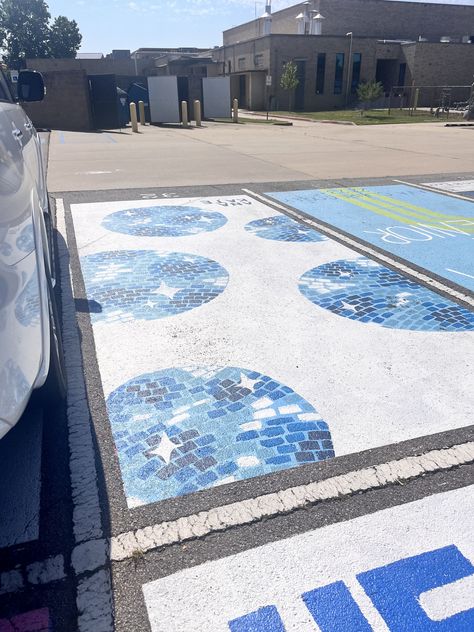 Blue Parking Spot Ideas, Senior Parking Spaces Aesthetic, Disco Ball Senior Parking Spot, Senior Parking Spit Ideas, Beach Theme Senior Parking Spot, Senior Parking Spot Disco Ball, Seniors Parking Spots, Blue And White Parking Spot, Senior Parking Spaces Girly