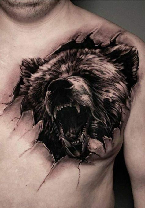 Nature Chest Tattoos For Men, Bear Tattoos For Men Chest, Chest Tattoo Cover Up Ideas, Grizzly Bear Tattoos For Men, Chest Tattoo Bear, Half Chest Tattoo Men Ideas, Big Bear Tattoo, Grizzly Bear Tattoos, Bear Claw Tattoo