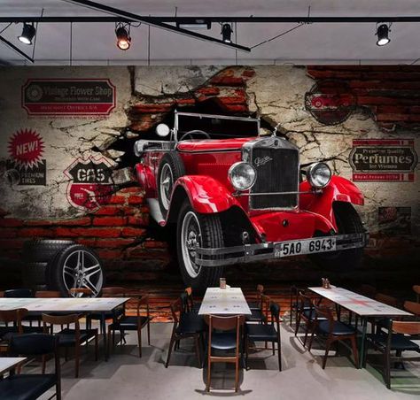 Vintage Car Wallpaper Classic Car Wall Mural Industrial Home Decor Cafe Design Living Room Bedroom Entryway This fabric-textile and removable wallpaper is very suitable for Living Room, Hallway, Cafe Themes : Cars [WALLPAPER SIZE] ► 37”W × 23”H inches (95cm×65cm) (1 pieces/panels) ► 55”W × 35”H Wall Dimension, Brick Wall Wallpaper, Industrial Wallpaper, Café Design, Break Wall, Wallpaper Retro, Vintage Industrial Decor, Living Room Restaurant, Custom Murals