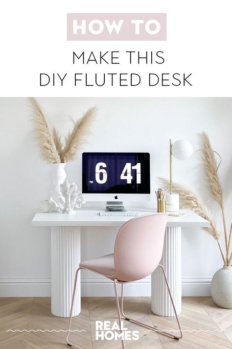 Diy Small Desk Ideas, Standing Desk Leg Cover Diy, Desk Upcycle Ideas, Diy Small Desk, Fluted Desk, Diy Standing Desk, Picture Molding, Desk Diy, Quick And Easy Crafts