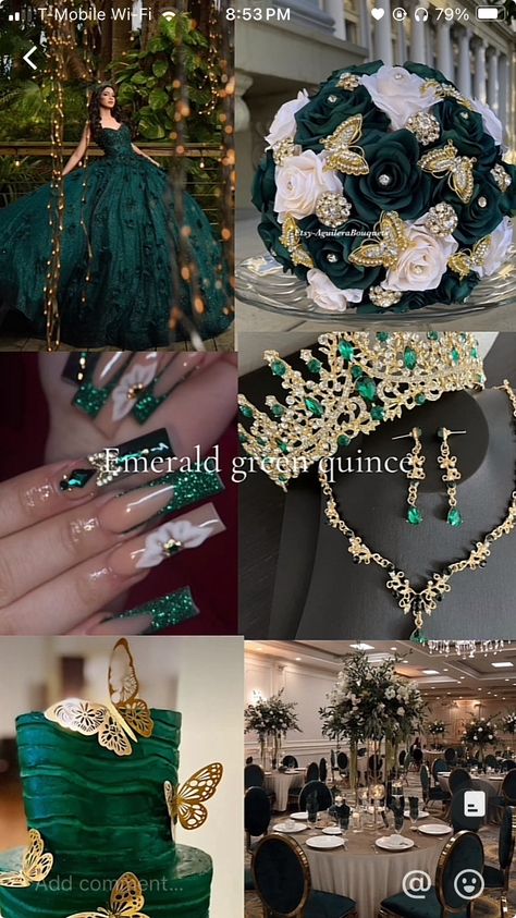 Emerald Green And Gold Quinceanera Dress, Emerald Green And Rose Gold Quinceanera Theme, Emerald Quinceanera Theme Decorations, Dark Enchanted Forest Theme Quinceanera, Emerald Green Quinceanera Dresses With Gold, Slytherin Quinceanera Theme, Quince Dark Green, Forest Green Quinceanera, Quince Colors Ideas