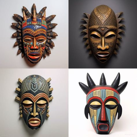 African mask style in Midjourney AI (V5.1, V5, V4, niji 5) | Genres + Art Movements | Folk + Ethnic Genres | Andrei Kovalev's Midlibrary Mascara Design Ideas Festival, African Mask Drawing, Mascara Design Ideas, Masks Traditional, African Masks Art, Cultural Masks, Africa Mask, Character Mask, Scorpio Art