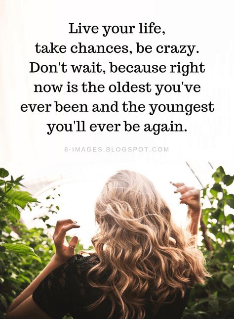 Life Quotes Live your life, take chances, be crazy. Don't wait, because right now is the oldest you've ever been and the youngest you'll ever be again. Don’t Wait Quotes, Take The Chance Quotes, Dont Wait Quotes, Take Chances Quotes, Chances Quotes, Taking Chances Quotes, 2022 Quotes, Chance Quotes, Take Chances