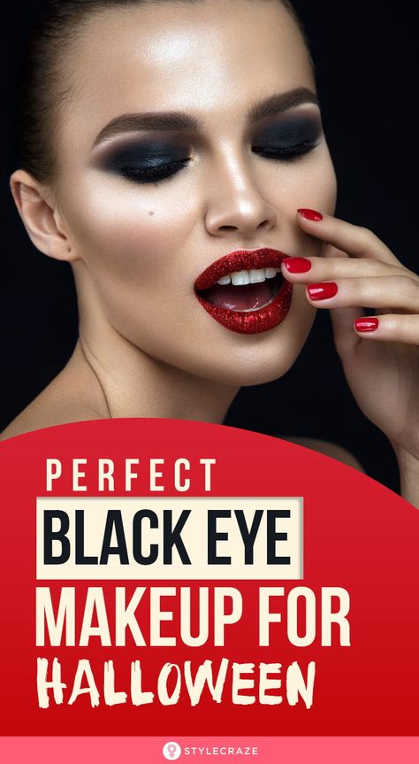 How To Apply Black Eye Makeup: Black eye makeup with black eye shadows and a swipe of thick eye liner has become very popular these days. Try this look this halloween to stand out. Here is a tutorial to show you how easily you can do a simple black eye makeup. #Makeup #MakeupIdeas #EyeMakeup #BlackEyeMakeup #Halloween #Halloween2019 Simple Black Eye Makeup, Black Eyeshadow Tutorial, Eye Makeup Black, Stunning Eye Makeup, Black Eye Makeup, Eye Makeup Looks, Witch Makeup, Halloween Eye Makeup, Wedding Day Makeup