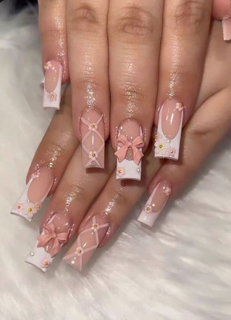 #nails #nailart #nailidea #nailsacrylic #nailsinspo #nailfashion Nails Acrylic Birthday Set, Pink Nails With Designs, Nails Middle Length, White French Acrylic Nails, Acrylic Nails Tips, Designer Nails, Press On Nails Long, Nails 3d, Long Nail Designs