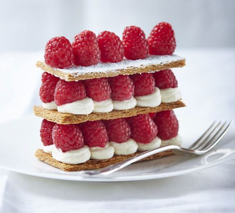 Raspberry millefeuilles: Rough puff pastry, crème pâtissière and fresh raspberries are layered up in this stunning French dessert. Raspberry Eclairs, Rough Puff, Rough Puff Pastry, French Tart, Patisserie Fine, Almond Pastry, French Patisserie, Dessert Aux Fruits, French Dessert