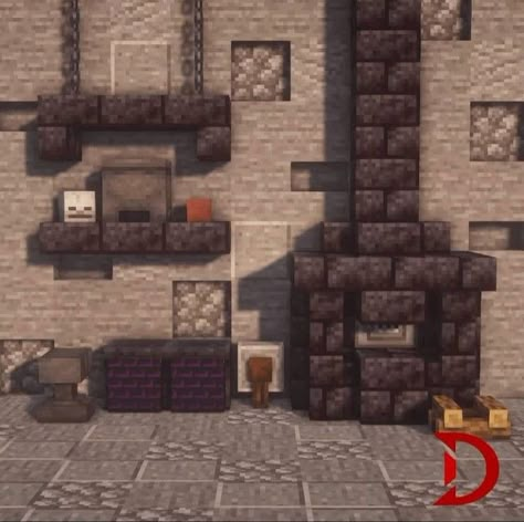 House In The Nether Minecraft, Minecraft Black Smith Interior, Minecraft Anvil Room Ideas, Armor Room Minecraft Ideas, Minecraft Blast Furnace Ideas, Minecraft Weaponsmith Interior, Magic Room Minecraft, Smithing Room Minecraft, Minecraft Forge Room