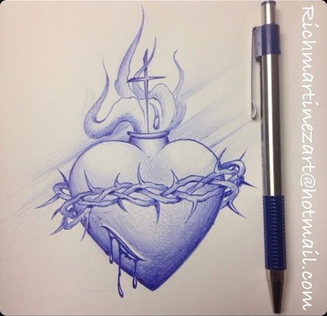 Heart Tattoo Drawing, Sacred Heart Tattoo Design, Traditional Chicano Tattoos, Religion Tattoos, Sacred Heart Tattoo, Heart Tattoo Design, Art Chicano, Chicanas Tattoo, Sacred Heart Art