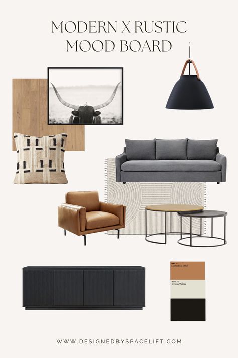 Rustic Mood Board, Rustic Industrial Living Room, Rustic Design Style, Masculine Living Rooms, Industrial Style Living Room, Industrial Living Room, Modern Rustic Living Room, Modern Rustic Homes, Modern Rustic Decor