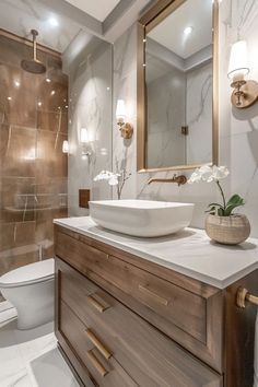 Small Luxurious Bathroom Ideas, Bathroom With Light Gray Walls, Powder Vanity Ideas, Modern Bathroom Sink Ideas, Modern Transitional Bathroom Master Bath, Classic Washroom Design, Large Powder Room Ideas, Fancy Powder Room, Cute Powder Room