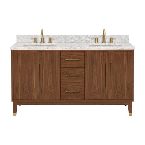 Studio Design Collection | Mina 61 inch Walnut Vanity with Carrarra Marble Top, Brown, Marble/Wood - Floor & Decor Walnut Bathroom Vanity, Kitchen Backsplash Inspiration, Walnut Bathroom, Walnut Vanity, Quartz Vanity Tops, Wood Bathroom Vanity, Brown Marble, Double Sink Vanity, Marble Wood