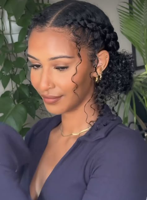 Low Ponytail Hairstyles, Two French Braids, French Braids, French Braid Hairstyles, Cute Curly Hairstyles, Dark Hair With Highlights, Ribbon Hairstyle, Pretty Braided Hairstyles, Hairdos For Curly Hair