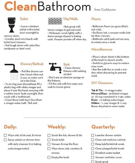 Jen - Professional Organizer 💙 on Instagram: “A few helpful tips for getting the bathrooms so fresh and so clean.🤗🧽🛀🚽 Via @curbly . . . . . . . . . . . . . . . . . . .…” Bathroom Essentials Checklist, Deep Cleaning Checklist, Clean Bathroom, House Cleaning Checklist, Deep Cleaning Tips, Cleaning Motivation, Cleaning Business, Household Cleaning Tips, Bathroom Cleaner