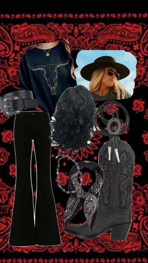 gothic western outfits Southern Cowgirl Outfits, Alt Cowgirl Outfits, Emo Cowgirl Outfits, Hardy Concert Outfit Ideas, Goth Cowgirl Aesthetic, Goth Western Style, Southern Gothic Outfits, Black Western Outfit, Western Emo