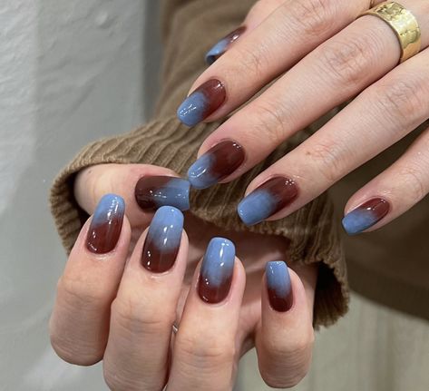 Underside Nail Art, Coraline Nails Short, Brown And Teal Nails, Gel Extensions Design, Blue Grey Nails, Brown And Blue Nails, Nail Designs Dark, Land Design, Nails Only