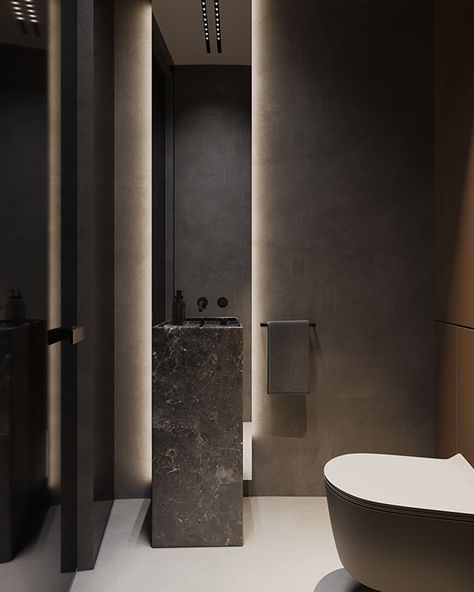 DUENDE penthouse on Behance Chinese Contemporary Interior, Dark Modern Bathroom, Toilet Design Modern, Open Bathroom, Dark Modern, Steel Bathroom, Attic Renovation, Bathroom Design Decor, Interiors Dream