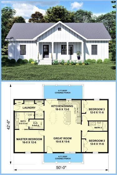 Tiny Home Floor Plan 3 Bedroom, Small Country Homes Interior, 3 Bedroom Tiny Home, 3 Bedroom Cottage Floor Plans, Mini Barndominium, Small Farmhouse Floor Plans, 3 Bedroom Home Floor Plans, Craftsman Houses, Bedroom Floor Plan