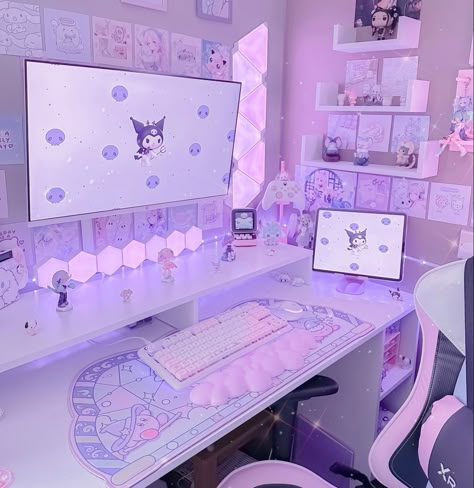 Kuromi Desk Setup, Desk Ideas Purple, Pink And Purple Gaming Setup, Desk Setup Purple, Kuromi Bedroom Ideas, Kuromi Pc Setup, Pink And Purple Office, Kuromi Gaming Setup, Purple Desk Aesthetic