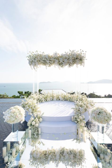 Mirrored Wedding Aisle, Groom Suit White, Mirrored Aisle, Floral Canopy, Acrylic Arch, Floral Arches, Mykonos Wedding, Dream Wedding Decorations, White Wedding Theme