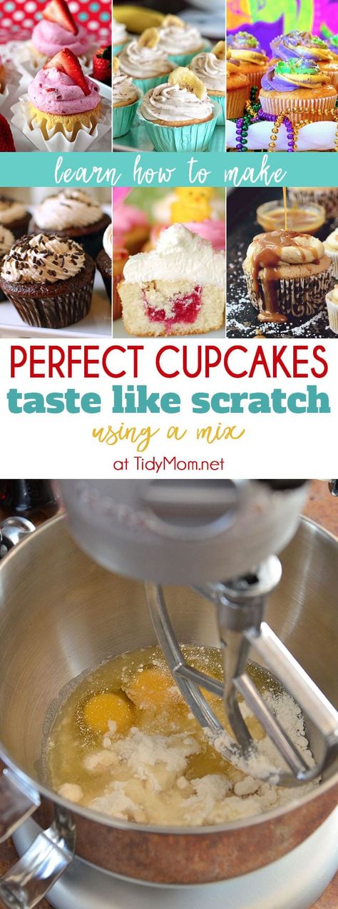 This Perfect Cupcake Recipe is my all time favorite, go to recipe for cupcakes. You can use this trick to make a box cake mix taste like scratch. The fact that they start with a box mix will be our little secret. Learn more at TidyMom.net #cupcakes #cupcakerecipes #cakemixrecipes #recipehacks #cake #cakerecipes #homemade Recipe For Cupcakes, Perfect Cupcake Recipe, Cake Mix Cupcakes, Cupcakes Homemade, Cafeteria Food, How To Make Cupcakes, Cupcake Recipe, Box Cake Mix, Cake Mix Recipes