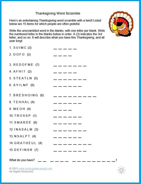 This delightful Thanksgiving word scramble has a fun twist. After correctly solving 15 items, you'll be able to spell a hidden message. The theme throughout the page is gratitude. Visit www.spelling-words-well.com/thanksgiving-word-search.html for the printable page and answers. Holiday Word Scramble, Harvest Word Search, Thanksgiving Word Scramble, Thanksgiving Word Puzzles, Printable Word Games, Thanksgiving Word Search, Christmas Word Scramble, Rebus Puzzles, Scramble Game