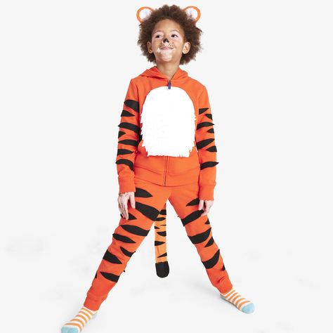 Easy, simple DIY homemade tiger costume idea for kids using super soft basics from Primary. Enjoy fast, free shipping always! Diy Tiger Costume, Diy Monkey Costume, Pikachu Costume Diy, Tiger Costume Diy, Cotton Candy Costume, Costumes For Toddlers, Tiger Halloween, Easy Diy Halloween Costumes, Sibling Costume