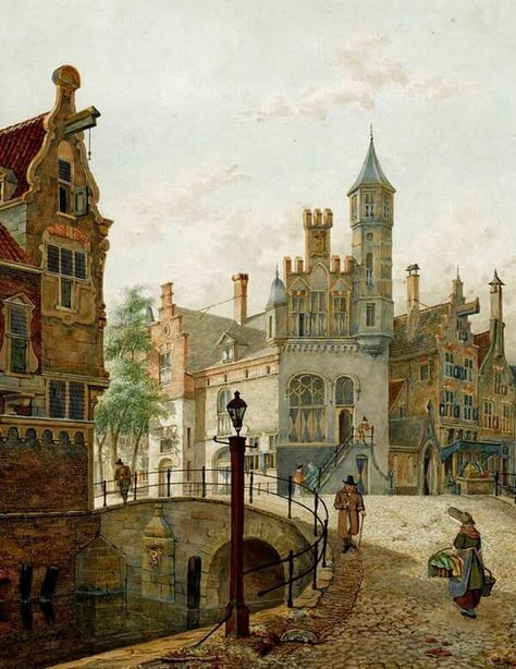 Jan hendrik verheyen 1778-1846 Historical Drawings, Countryside Paintings, European City, Medieval Life, City Painting, Architectural Drawing, Great Paintings, Old Paintings, A Town