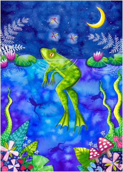 Watercolor and indian ink illustration #frog #night #swamp #fireflies #nenuphar #murshroom #moon #nature #frogs # Space Frog Designs, Space Frog, Frog Blanket, Moon Nature, Ink Illustration, Ink Illustrations, Frogs, Landscape Art, Moon