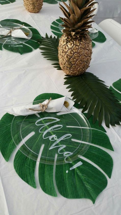 Faith's bridal shower #aloha #Hawaiian #bridalshlower #gold #green #white Luau Centerpieces, Hawaiian Bridal Shower, Bridal Shower Tablescape, Luau Bridal Shower, Hawaiian Baby Showers, Aloha Party, Hawaiian Party Decorations, Luau Theme Party, Tropical Baby Shower