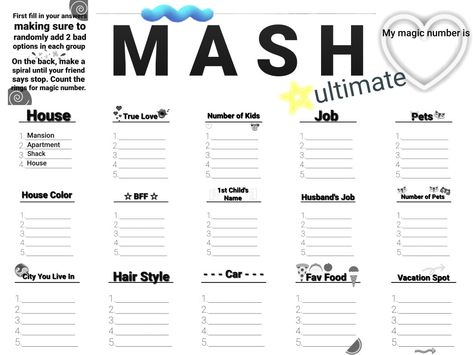 Sleepover Games On Paper, Free Sleepover Games, Mash Game Template, Mash Game Categories, How To Play Mash The Game, Mash Game How To Play, Games To Make With Friends, Bored Games Diy, How To Play Mash