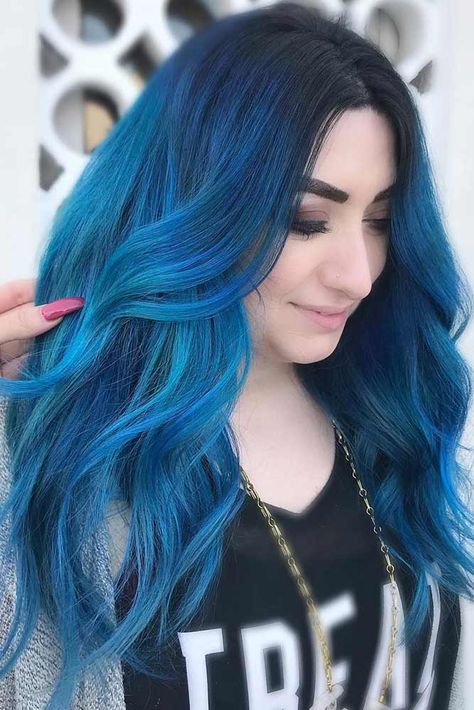 Read on to discover trendy and unconventional light-blue, dark-blue, electric blue, blue-green, blue-purple hair color variations. #haircolor #bluehair Blue Black Hair Color, Blue Purple Hair, Blue Ombre Hair, Blue Black Hair, Light Blue Hair, Dark Blue Hair, Balayage Color, Blue Wig, Frontal Hairstyles