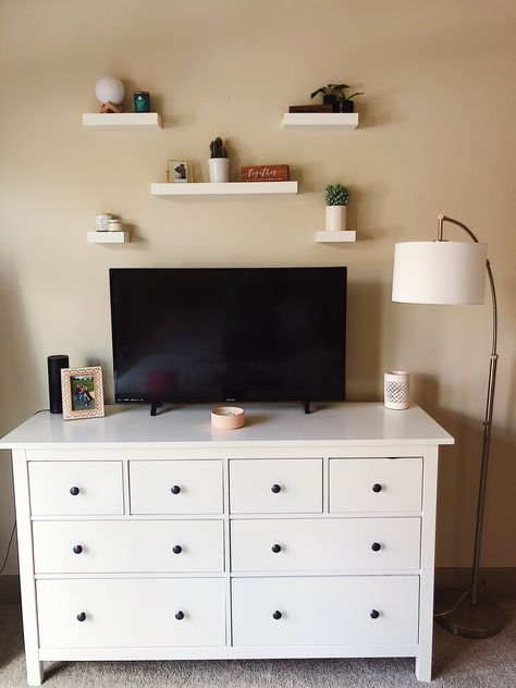 Tv On Bedroom Wall, Dresser Aesthetic, Dresser Inspo, Salvation Scriptures, Campus Apartment, Room Wishlist, Future Bedroom, Tv Stand Decor, Bedroom Redo