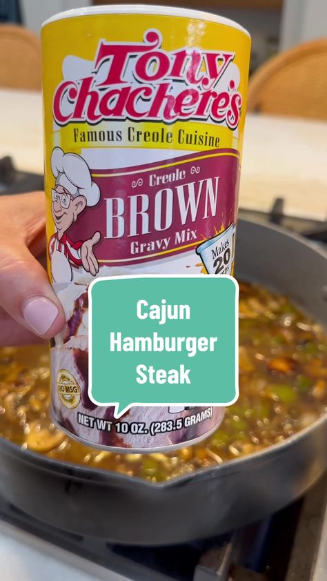 Cajun Hamburger Steak, Smothered Steak, Brown Gravy Mix, Hamburger Steak, Brown Gravy, Mushroom Gravy, Creamy Mashed Potatoes, Cajun Recipes, Sliced Mushrooms