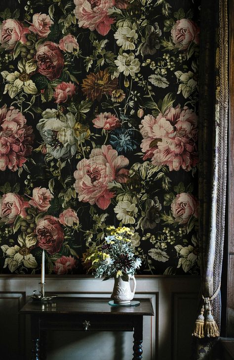 Elevate your home with the timeless beauty of this vintage dark floral wallpaper. Showcasing an opulent array of flowers and foliage against a deep black background, this wallpaper adds an air of sophistication and elegance to any room. The vibrant colors and intricate patterns create a striking and captivating look, perfect for infusing your space with vintage charm and natural elegance. Ideal for living rooms, bedrooms, or any area that aims for a mix of classic beauty and modern refinement. T Dramatic Floral Wallpaper, Dark Peony Wallpaper, Floral Wallpaper Ceiling, Dark Floral Wallpaper Bedroom, Pink Black Wallpaper, Luxurious Flowers, Large Print Wallpaper, Botanical Wall Mural, Black Floral Wallpaper