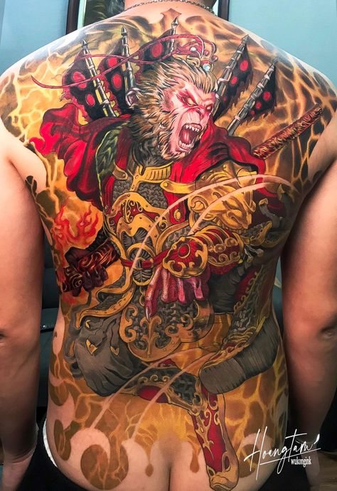 Wukong Tattoo Design, Wukong Tattoo, Japanese Cloud Tattoo, Japanese Back Tattoo, Monkey Tattoos, King Tattoos, Full Back Tattoos, Cloud Tattoo, Chinese Tattoo