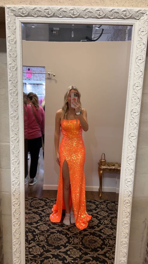 Cute Prom Dresses Purple, Bright Colored Prom Dresses, Black Dress With Orange Heels, Neon Colored Prom Dresses, Prom Dresses Bright, Neon Dresses For School Dance, Prom Dress Orange, Unique Prom Dress Colors, Orange Grad Dress