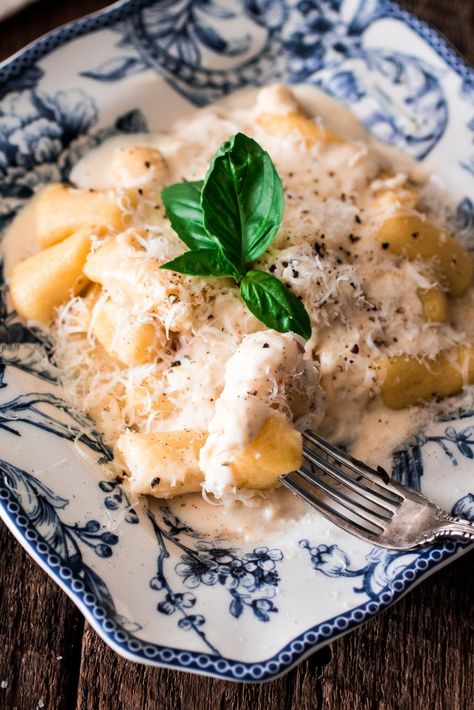 Gnocchi with Creamy Asiago Sauce | www.oliviascuisine.com Asiago Sauce, Asiago Cheese, Gnocchi Recipes, Asiago, Beltane, Parmesan Cheese, Garlic Butter, International Recipes, Gnocchi