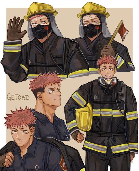 Getoad on Twitter: "Firefighter Yuji Itadori (and sukuna lol)… " Firefighter Fanart, Yuji Itadori And Sukuna, Jujutsu Kaisen Yuuji, Itadori And Sukuna, Jjk Yuji, Art Warehouse, Jjk Art, Firefighter Art, Ju Jitsu