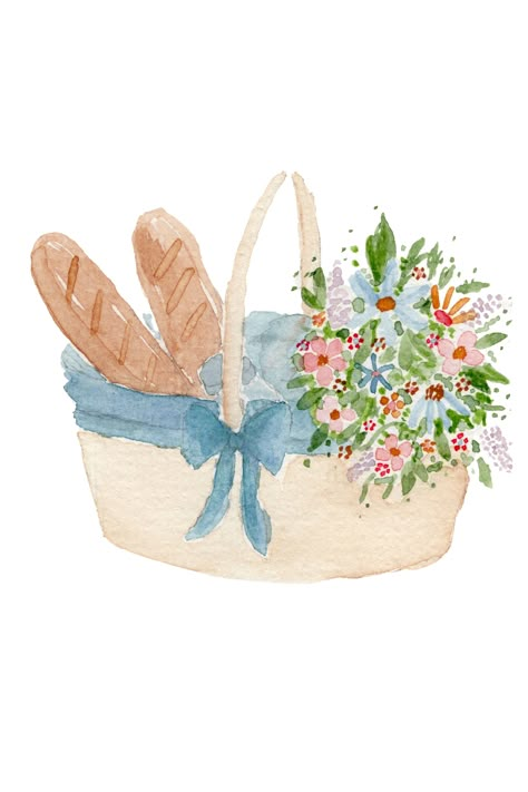 Floral Picnic Basket - ORIGINAL WATERCOLOR PAINTING- Decorate your home with this original piece of floral picnic basket watercolor art. The french blue basket with soft florals help create a beautiful and soft look that will compliment a baby nursery or any home decor! Thank you! Summer Bread, Watercolor Picnic, Basket Watercolor, Blue Picnic, Basket Art, Basket Drawing, Watercolor Printable Art, Flowers Digital, Watercolor Printable