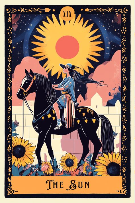 The Sun Tarot Card Art, Sun Tarot Card Meaning, Tarot Prints, The Sun Card, Tarot Illustration, The Chariot Tarot, Queen Of Swords, Sun Tarot Card, Ace Of Pentacles