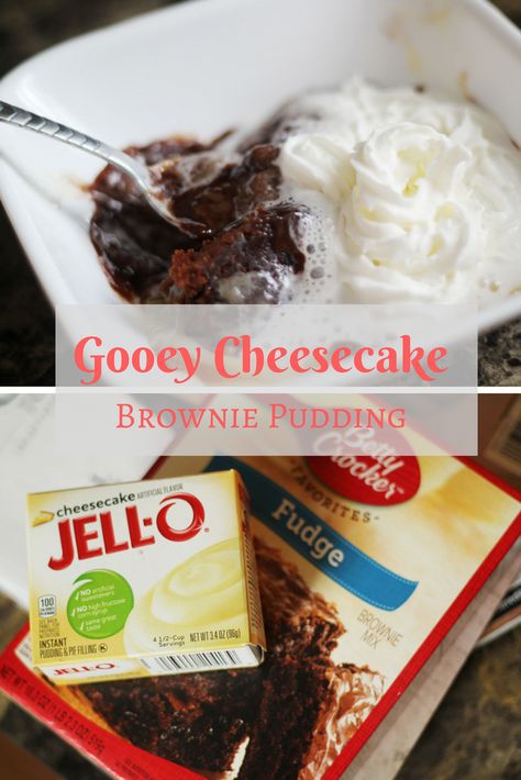 Gooey Cheesecake Brownie Pudding Jello Cheesecake, Brownie Mix Recipes, Vegetarian Brownies, Brownie Pudding, Cheese Pudding, Cheesecake Brownie, Cream Cheese Brownies, Cheesecake Pudding, Box Brownies